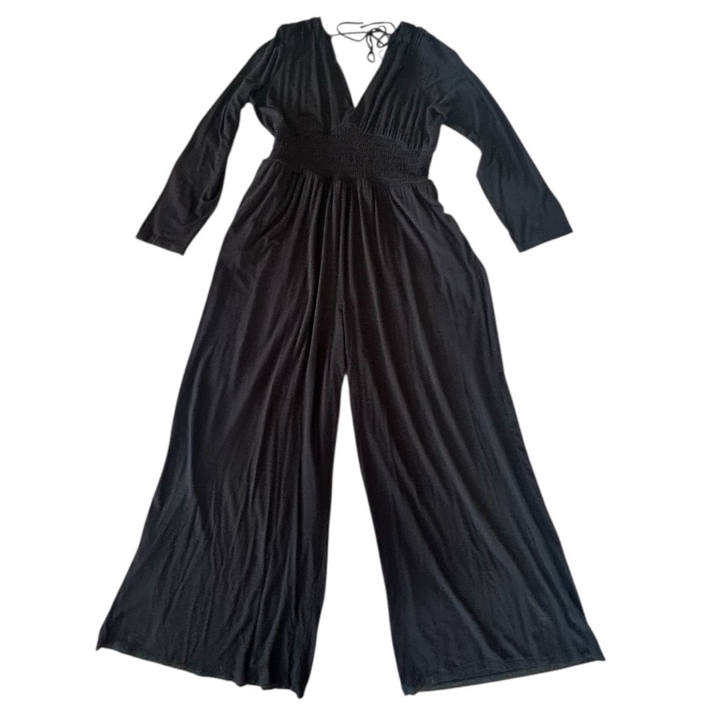 Old Navy Waist-Defined V-Neck Jumpsuit Black Size L Wide Leg Witchy - Picture 2 of 11